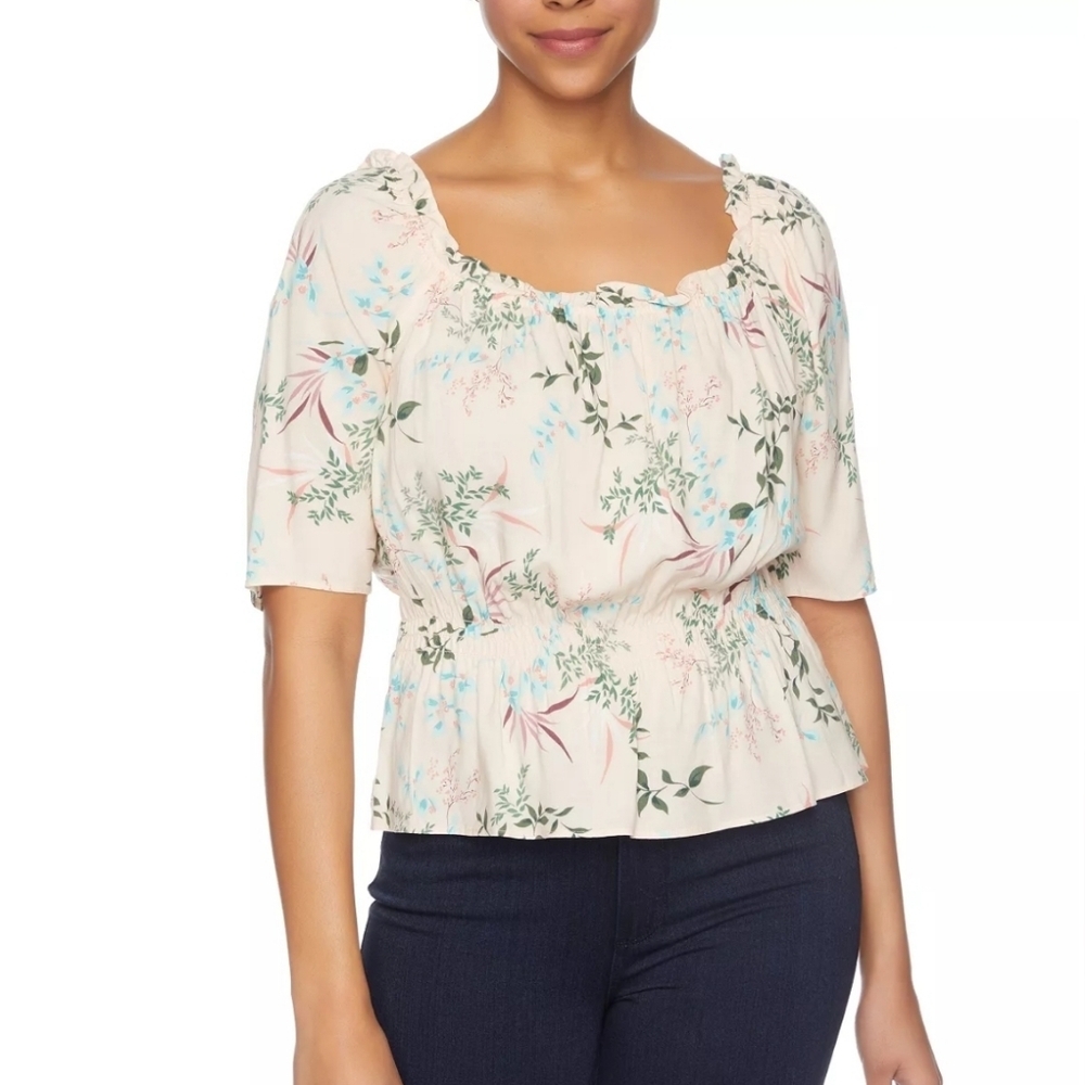 cooper & ella Cream Floral Smocked Peplum Blouse with Blue & Green Print